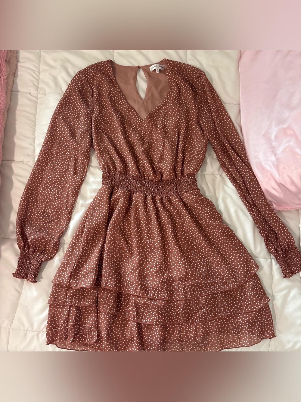 Rust Polka Dot Tiered Long-Sleeve Dress
